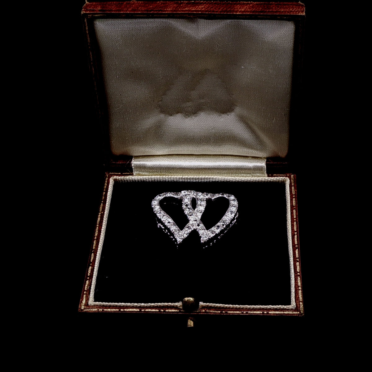 Antique Edwardian Platinum Old Cut Diamond Double Heart Brooch, Circa 1905