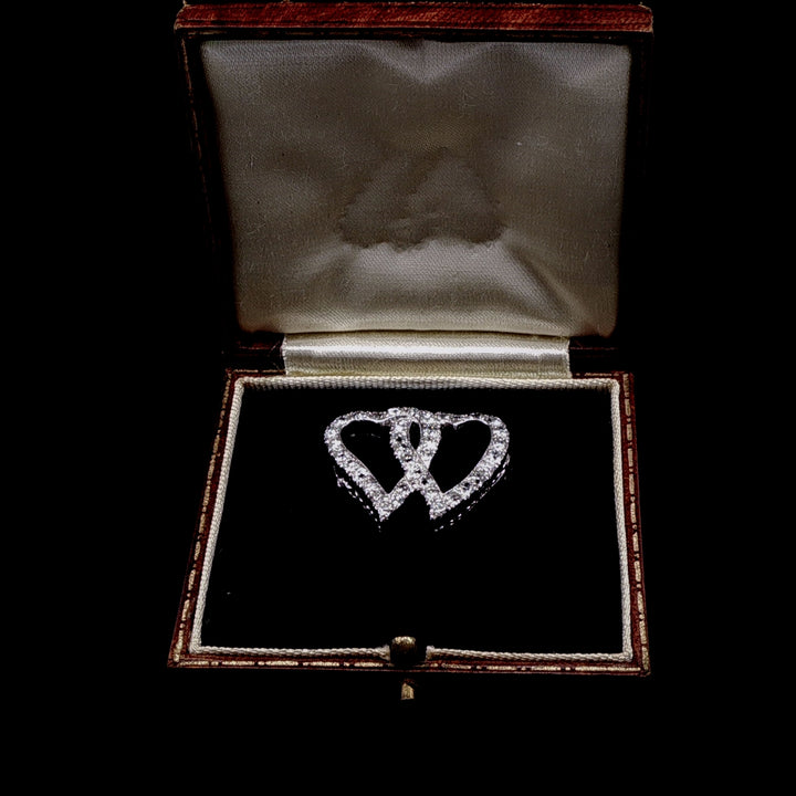 Antique Edwardian Platinum Old Cut Diamond Double Heart Brooch, Circa 1905