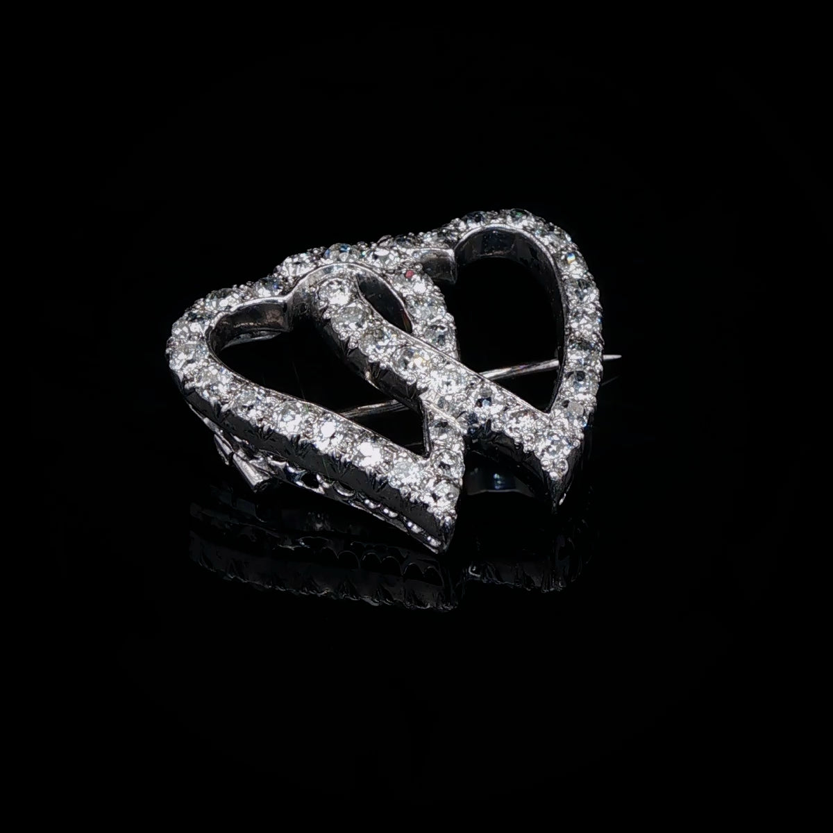 Antique Edwardian Platinum Old Cut Diamond Double Heart Brooch, Circa 1905