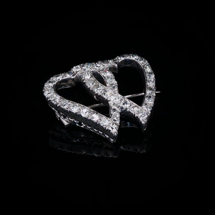 Antique Edwardian Platinum Old Cut Diamond Double Heart Brooch, Circa 1905