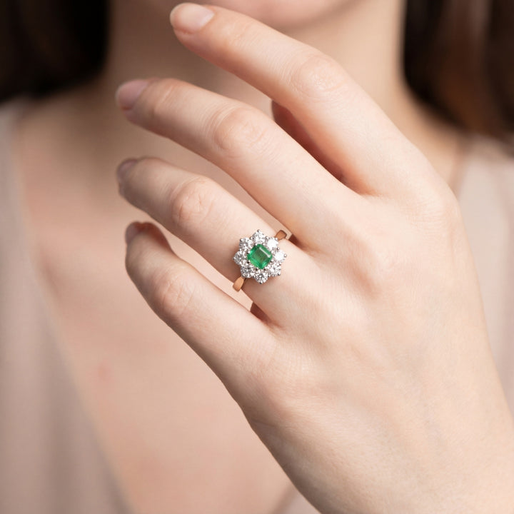 18ct Gold 0.50ct Emerald and Diamond Cluster Ring, Hallmarked London 1983