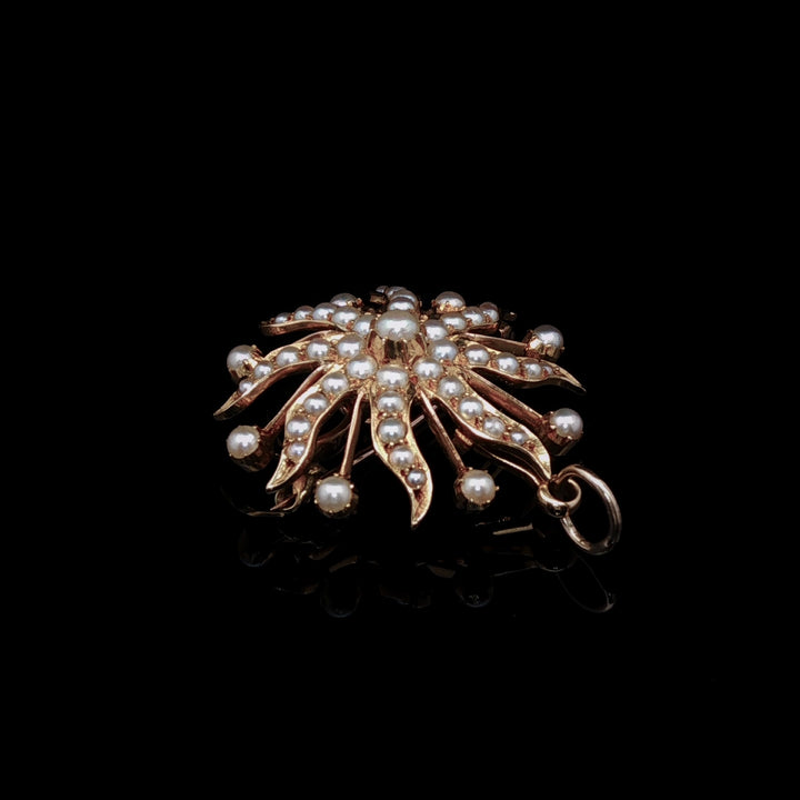 Antique Victorian 9ct Gold Pearl Floral Brooch/ Pendant, Circa 1875