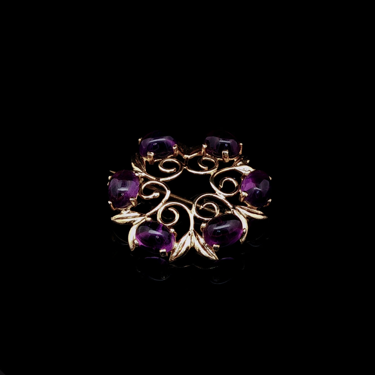 Vintage 9ct Yellow Gold Six Cabochon Amethyst Circular Brooch