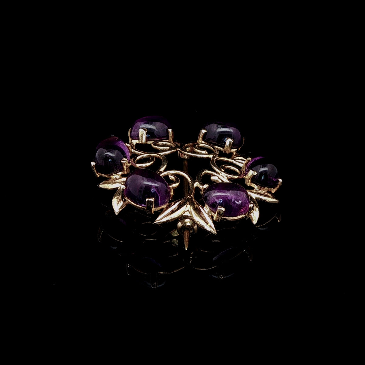 Vintage 9ct Yellow Gold Six Cabochon Amethyst Circular Brooch