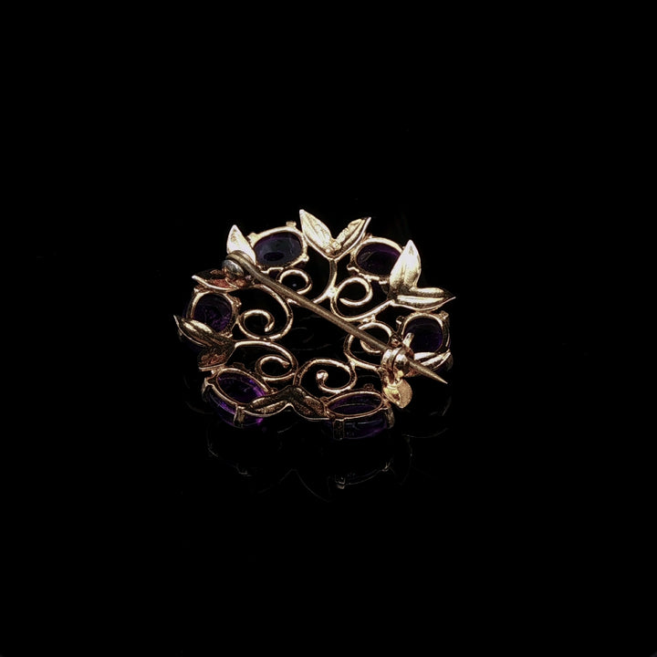 Vintage 9ct Yellow Gold Six Cabochon Amethyst Circular Brooch