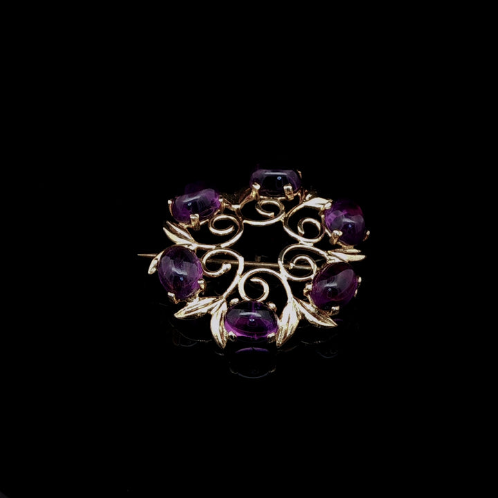 Vintage 9ct Yellow Gold Six Cabochon Amethyst Circular Brooch