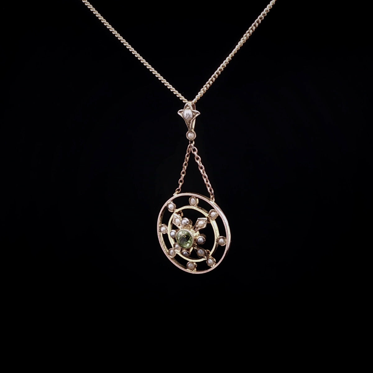 Vintage 9ct Yellow Gold Peridot and Pearl Round Pendant