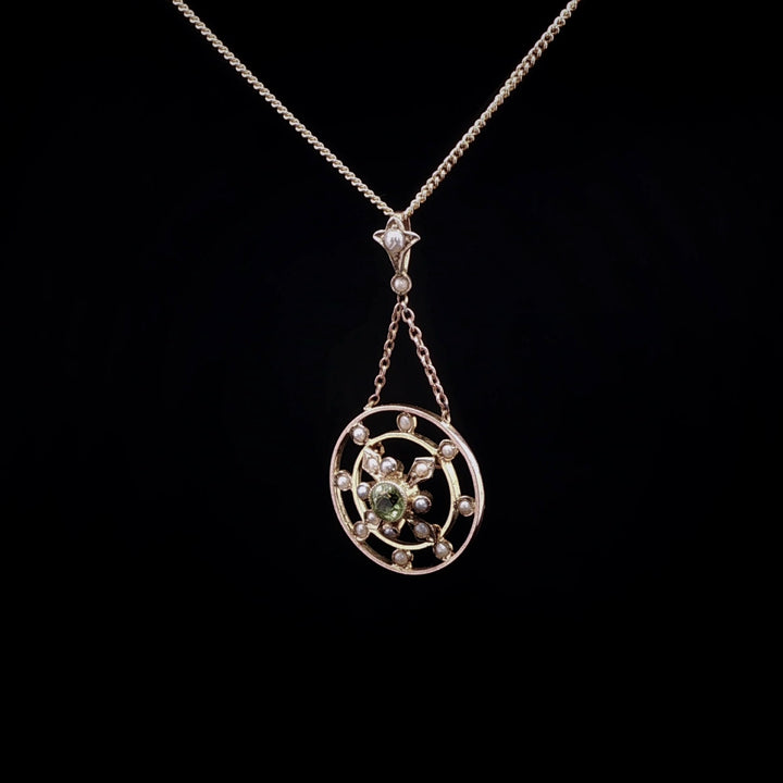 Vintage 9ct Yellow Gold Peridot and Pearl Round Pendant