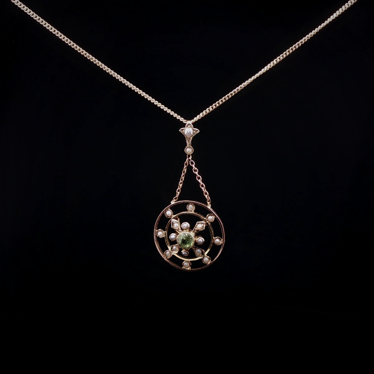 Vintage 9ct Yellow Gold Peridot and Pearl Round Pendant