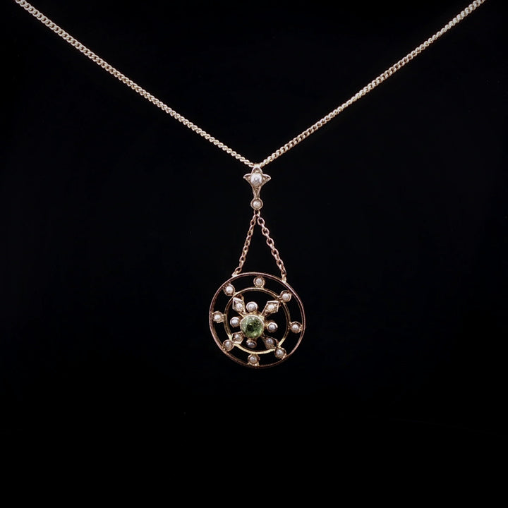 Vintage 9ct Yellow Gold Peridot and Pearl Round Pendant
