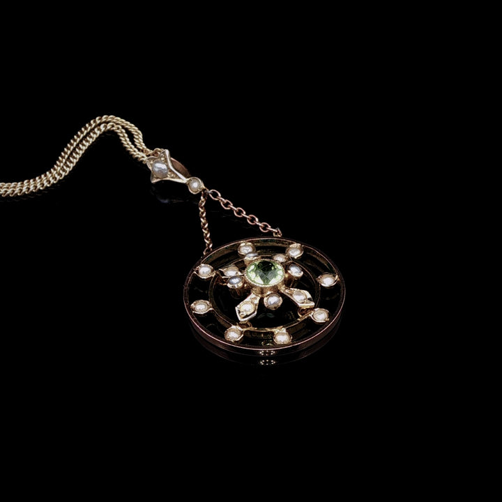 Vintage 9ct Yellow Gold Peridot and Pearl Round Pendant