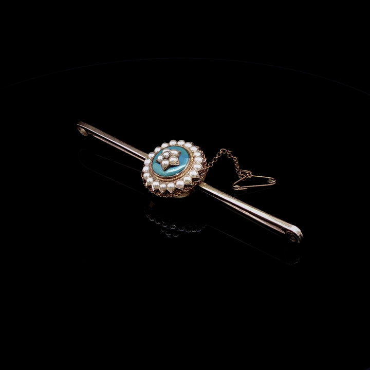 Antique 15ct Yellow Gold Blue Enamel and Pearl Bar Brooch