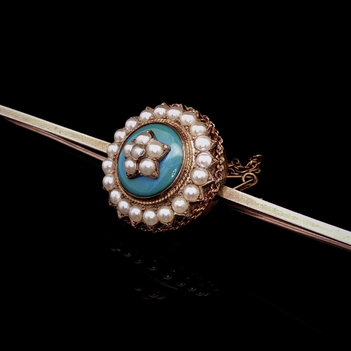 Antique 15ct Yellow Gold Blue Enamel and Pearl Bar Brooch