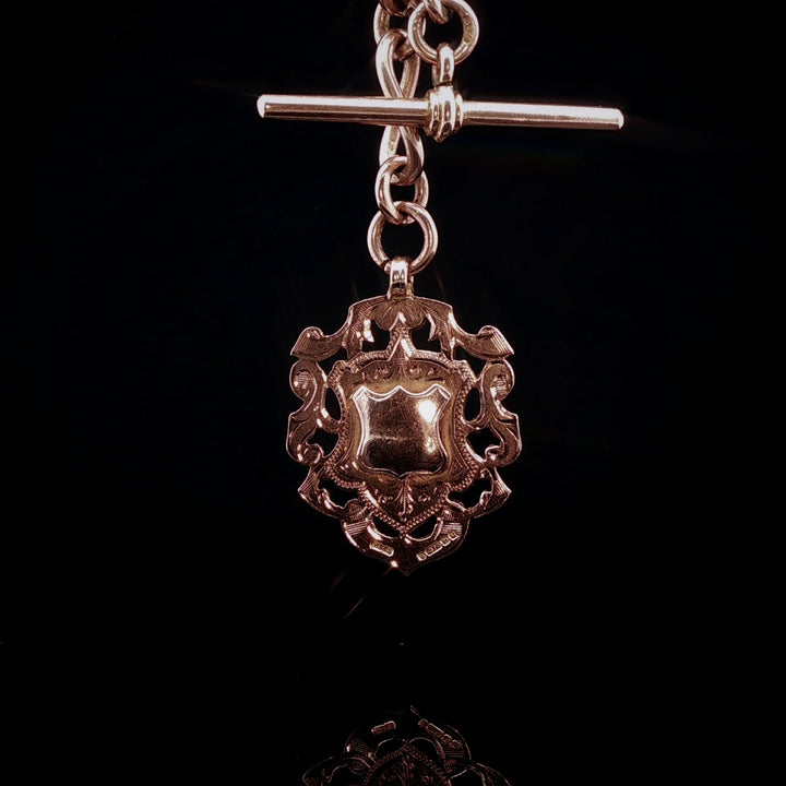 Vintage 9ct Rose Gold Albert Watch Chain with Shield Fob, 53g