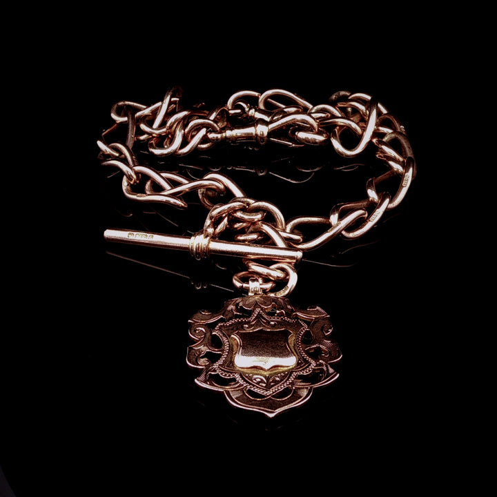 Vintage 9ct Rose Gold Albert Watch Chain with Shield Fob, 53g