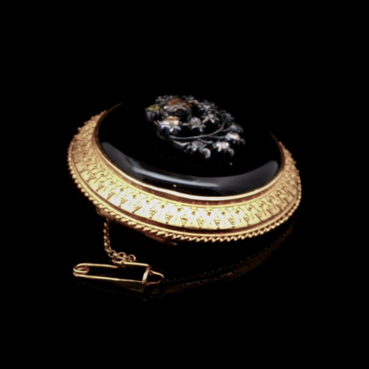 Antique Victorian Fine Gold Onyx and Diamond Brooch, Circa 1870