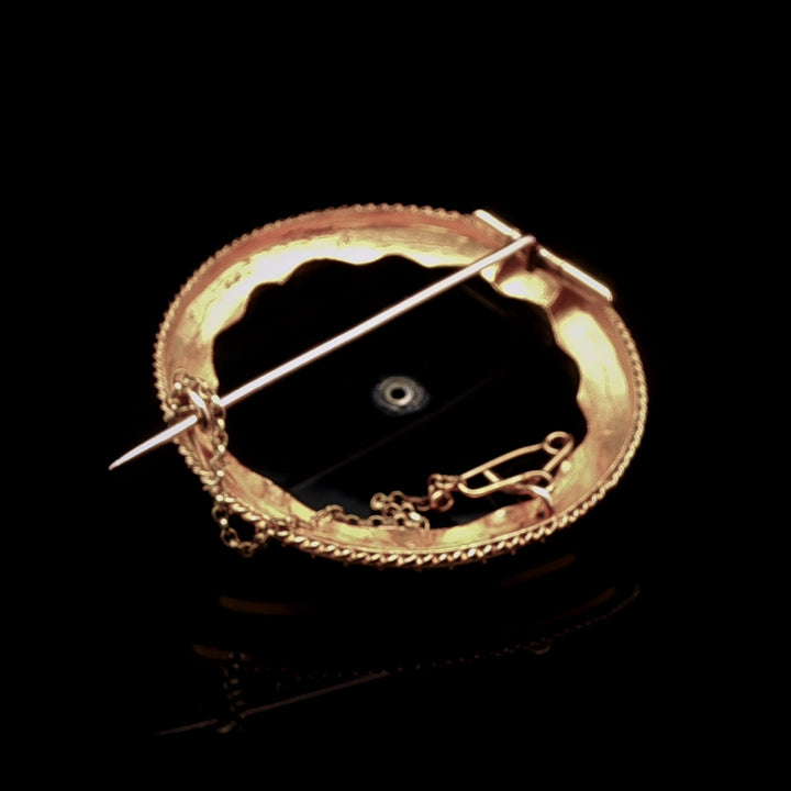 Antique Victorian Fine Gold Onyx and Diamond Brooch, Circa 1870