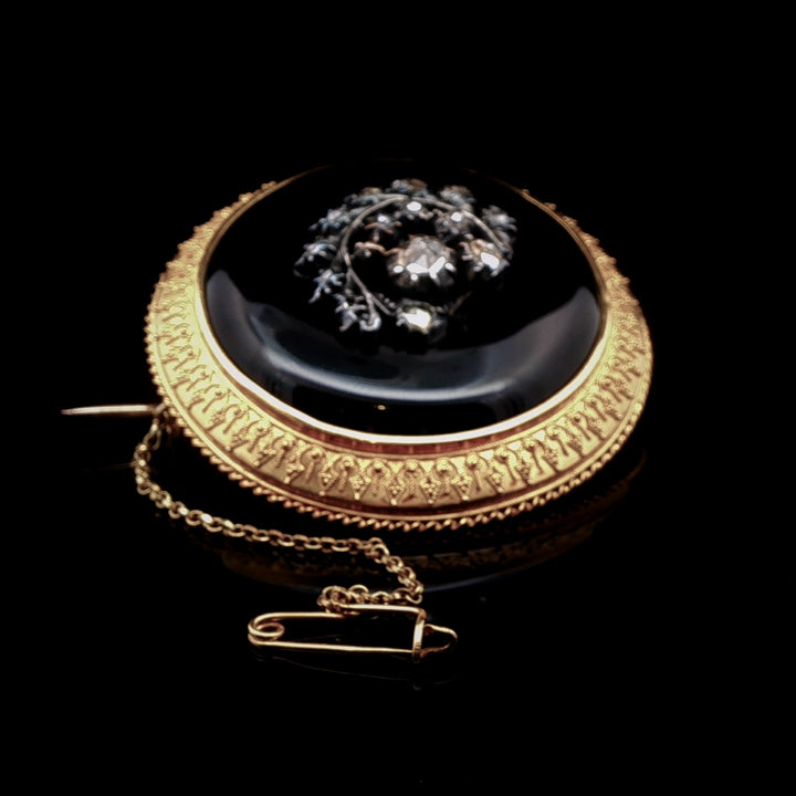 Antique Victorian Fine Gold Onyx and Diamond Brooch, Circa 1870