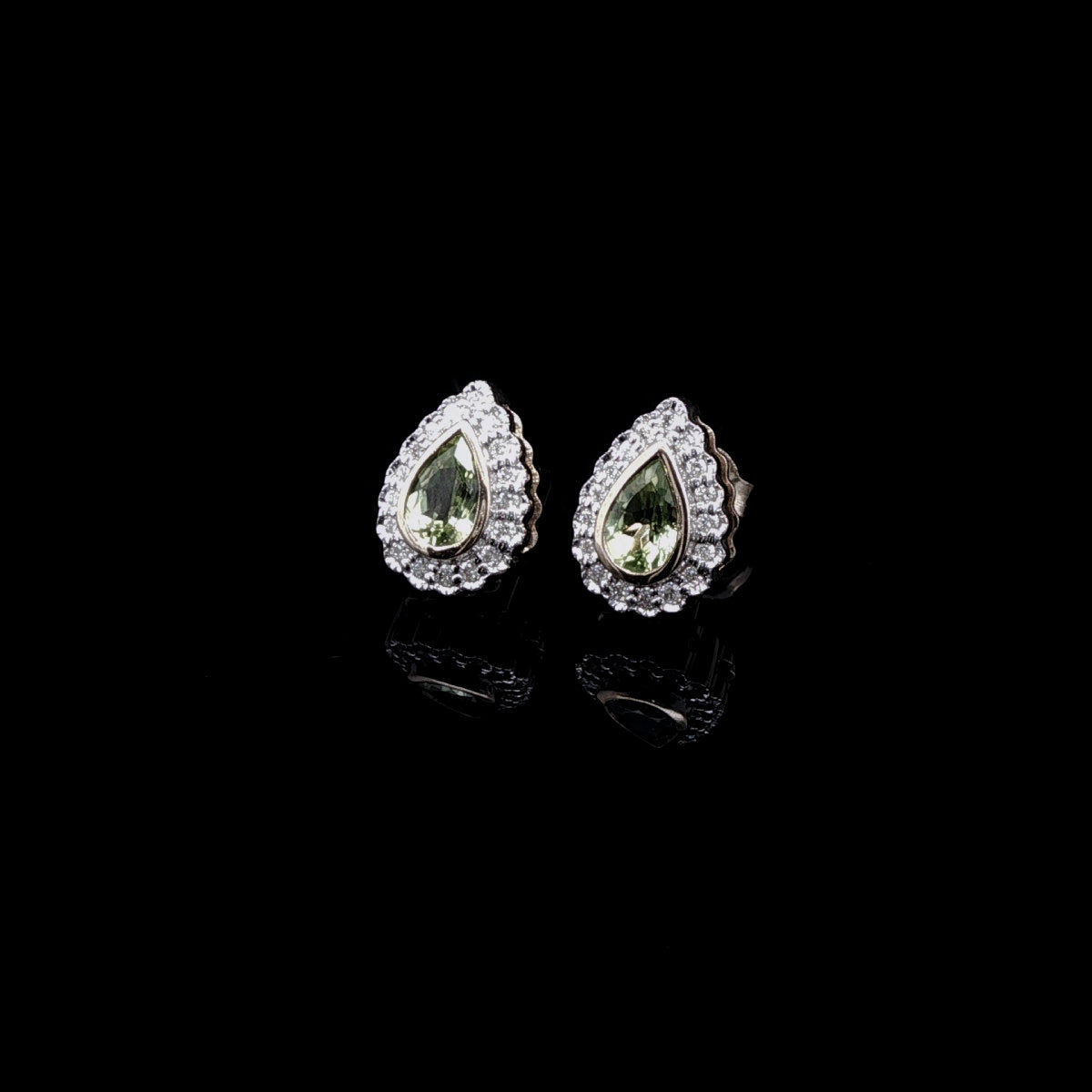 9ct Yellow Gold Pear Shaped Peridot and Diamond Cluster Stud Earrings