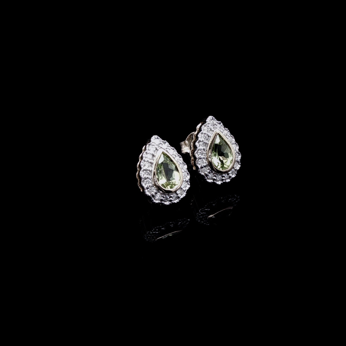 9ct Yellow Gold Pear Shaped Peridot and Diamond Cluster Stud Earrings