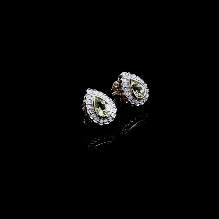 9ct Yellow Gold Pear Shaped Peridot and Diamond Cluster Stud Earrings