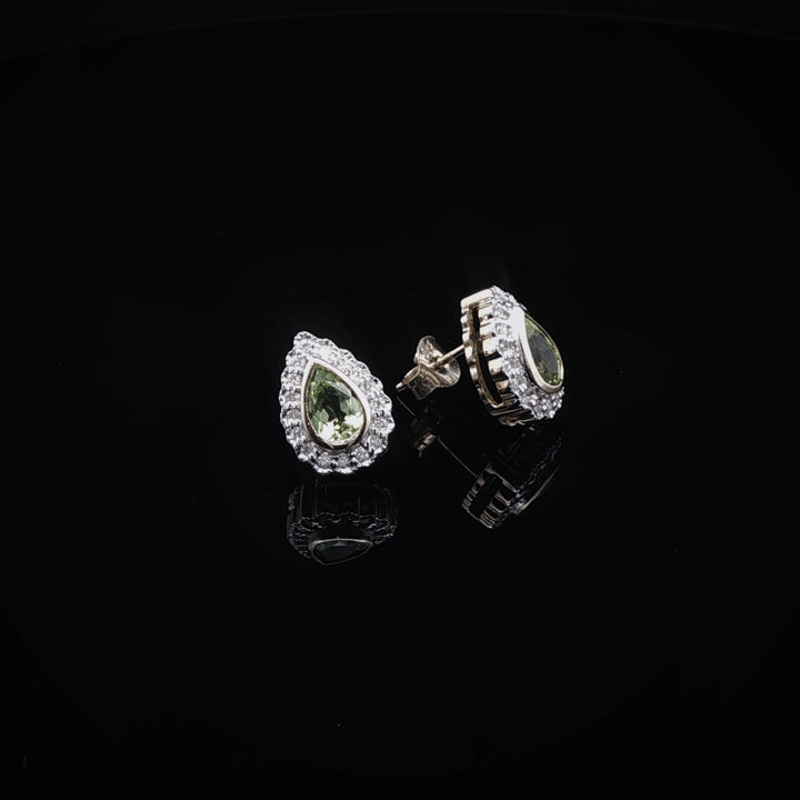 9ct Yellow Gold Pear Shaped Peridot and Diamond Cluster Stud Earrings