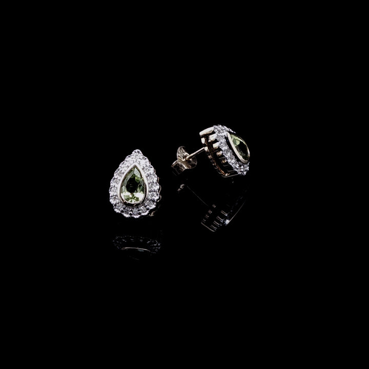 9ct Yellow Gold Pear Shaped Peridot and Diamond Cluster Stud Earrings