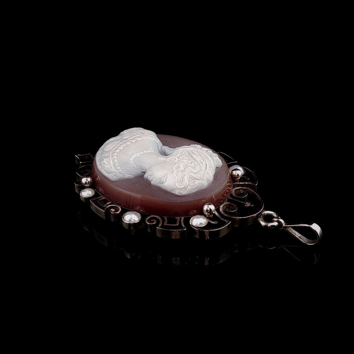 Antique Victorian Sardonyx Cameo Pendant with Seed Pearls in 9ct Yellow Gold, Circa 1890, in Original J. J. Durrant Box