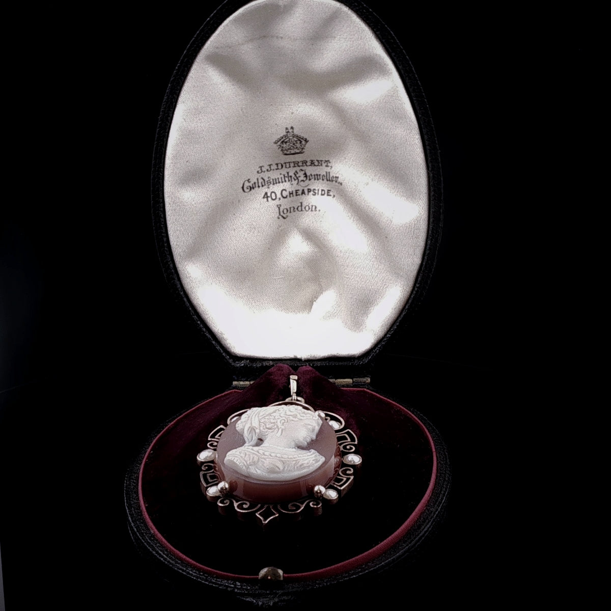 Antique Victorian Sardonyx Cameo Pendant with Seed Pearls in 9ct Yellow Gold, Circa 1890, in Original J. J. Durrant Box