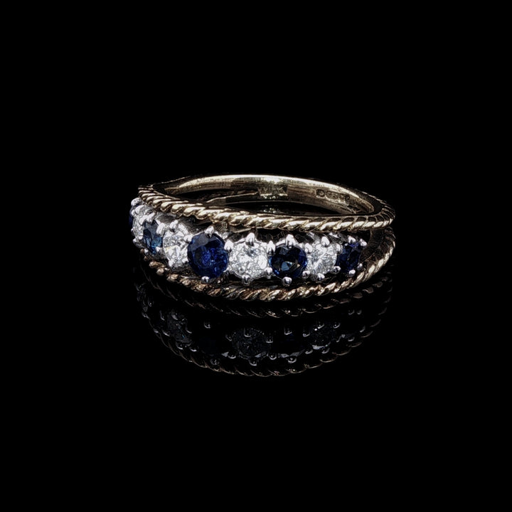 18ct Gold Nine Stone Sapphire and Diamond Rope-Edged Ring