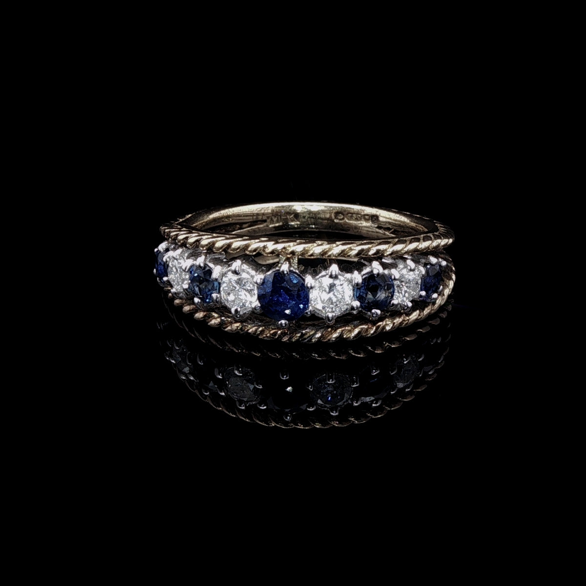 18ct Gold Nine Stone Sapphire and Diamond Rope-Edged Ring