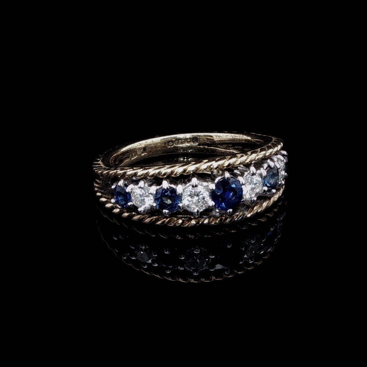 18ct Gold Nine Stone Sapphire and Diamond Rope-Edged Ring