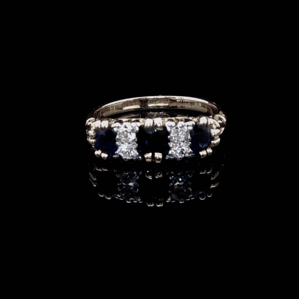 Vintage 18ct Gold and Platinum Seven Stone Sapphire and Diamond Ring with Carved Gallery