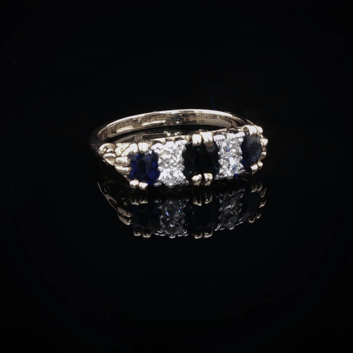Vintage 18ct Gold and Platinum Seven Stone Sapphire and Diamond Ring with Carved Gallery