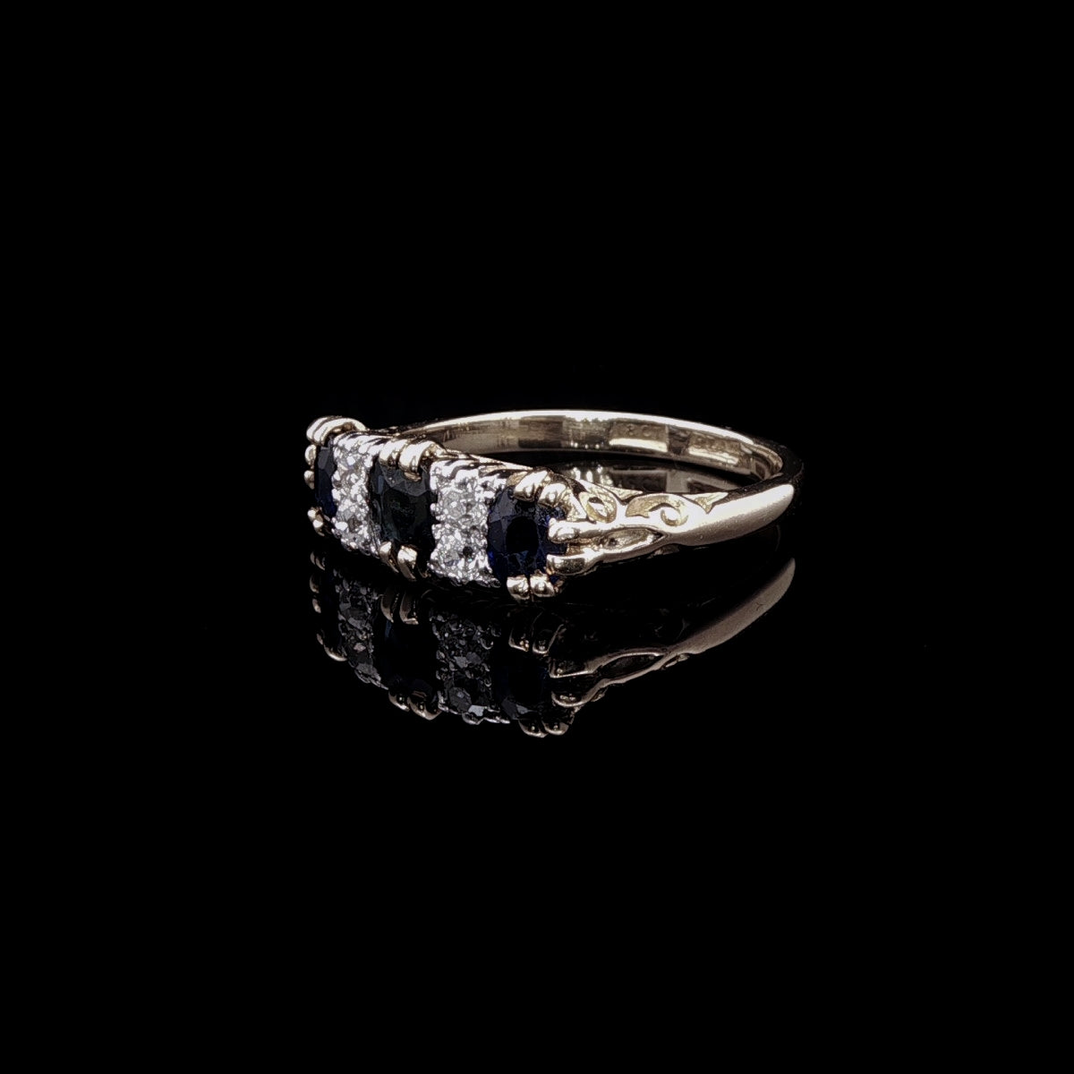 Vintage 18ct Gold and Platinum Seven Stone Sapphire and Diamond Ring with Carved Gallery