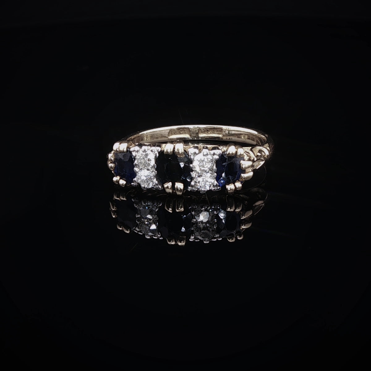 Vintage 18ct Gold and Platinum Seven Stone Sapphire and Diamond Ring with Carved Gallery