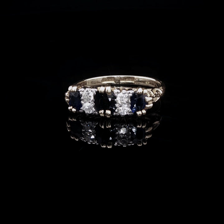 Vintage 18ct Gold and Platinum Seven Stone Sapphire and Diamond Ring with Carved Gallery