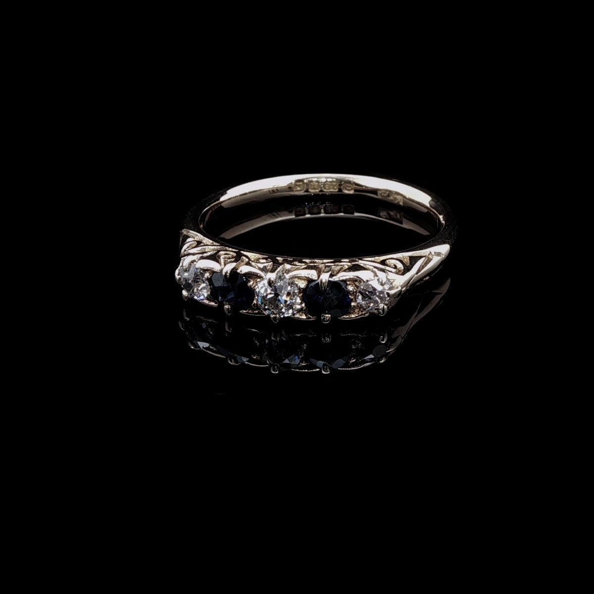 Antique 18ct Gold Five Stone Sapphire and Old Cut Diamond Ring with Carved Gallery