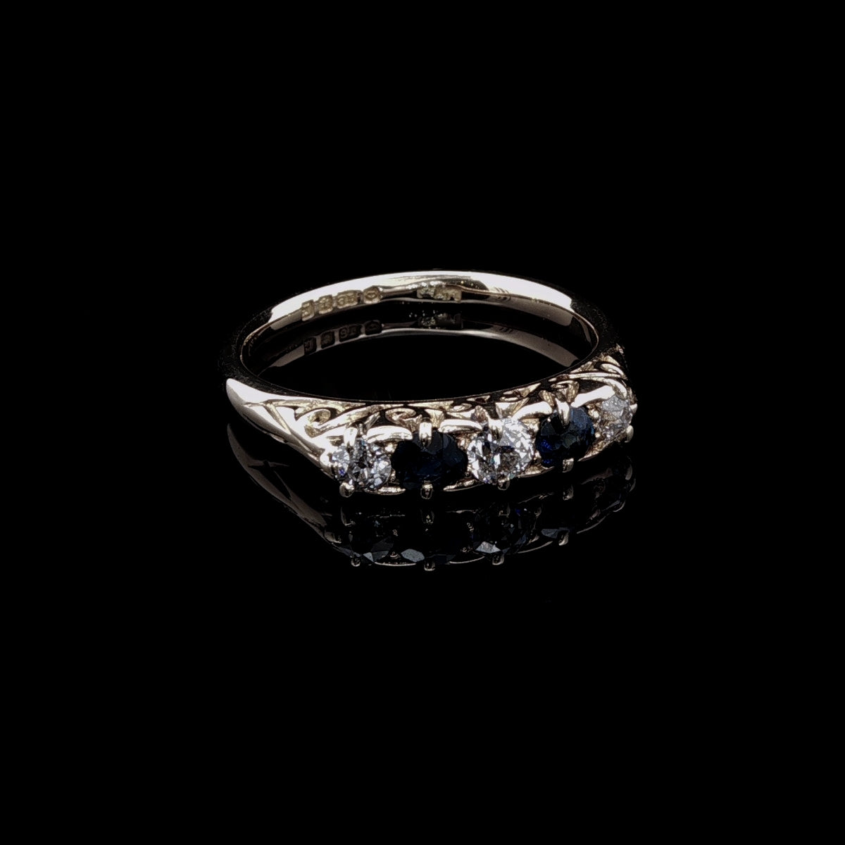 Antique 18ct Gold Five Stone Sapphire and Old Cut Diamond Ring with Carved Gallery