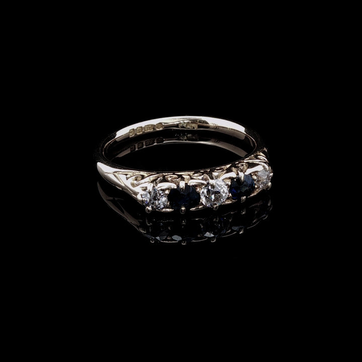 Antique 18ct Gold Five Stone Sapphire and Old Cut Diamond Ring with Carved Gallery
