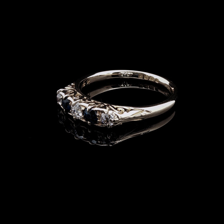 Antique 18ct Gold Five Stone Sapphire and Old Cut Diamond Ring with Carved Gallery