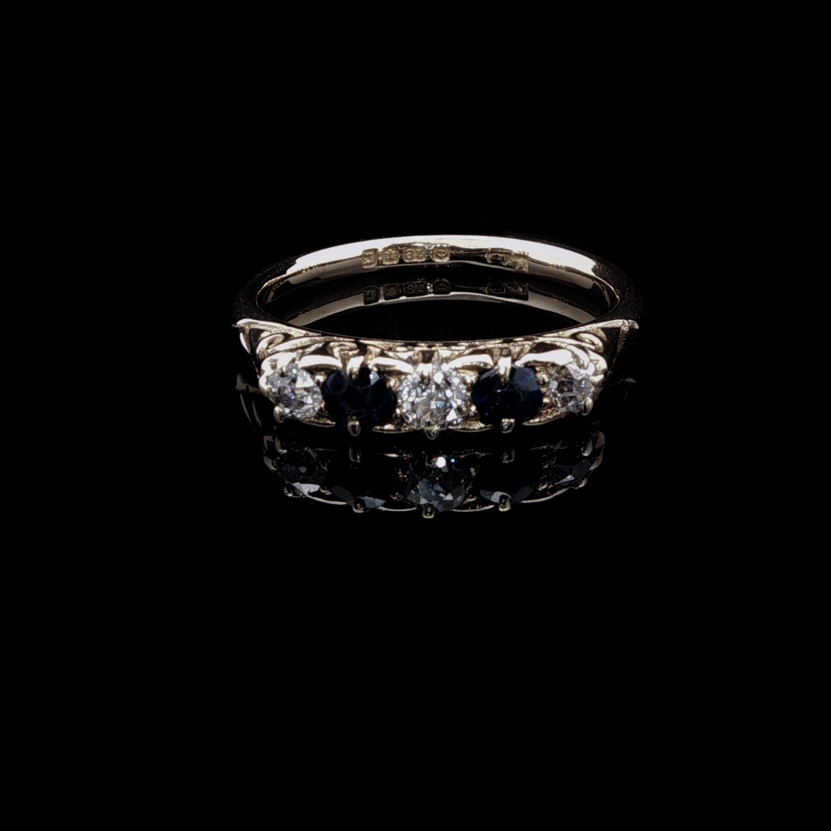 Antique 18ct Gold Five Stone Sapphire and Old Cut Diamond Ring with Carved Gallery