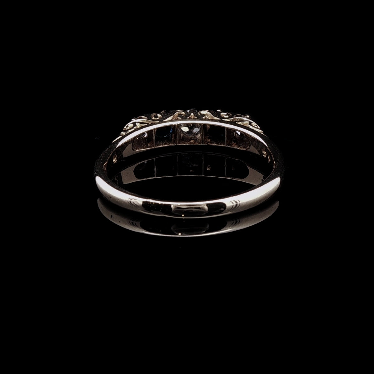 Antique 18ct Gold Five Stone Sapphire and Old Cut Diamond Ring with Carved Gallery