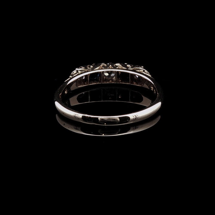 Antique 18ct Gold Five Stone Sapphire and Old Cut Diamond Ring with Carved Gallery