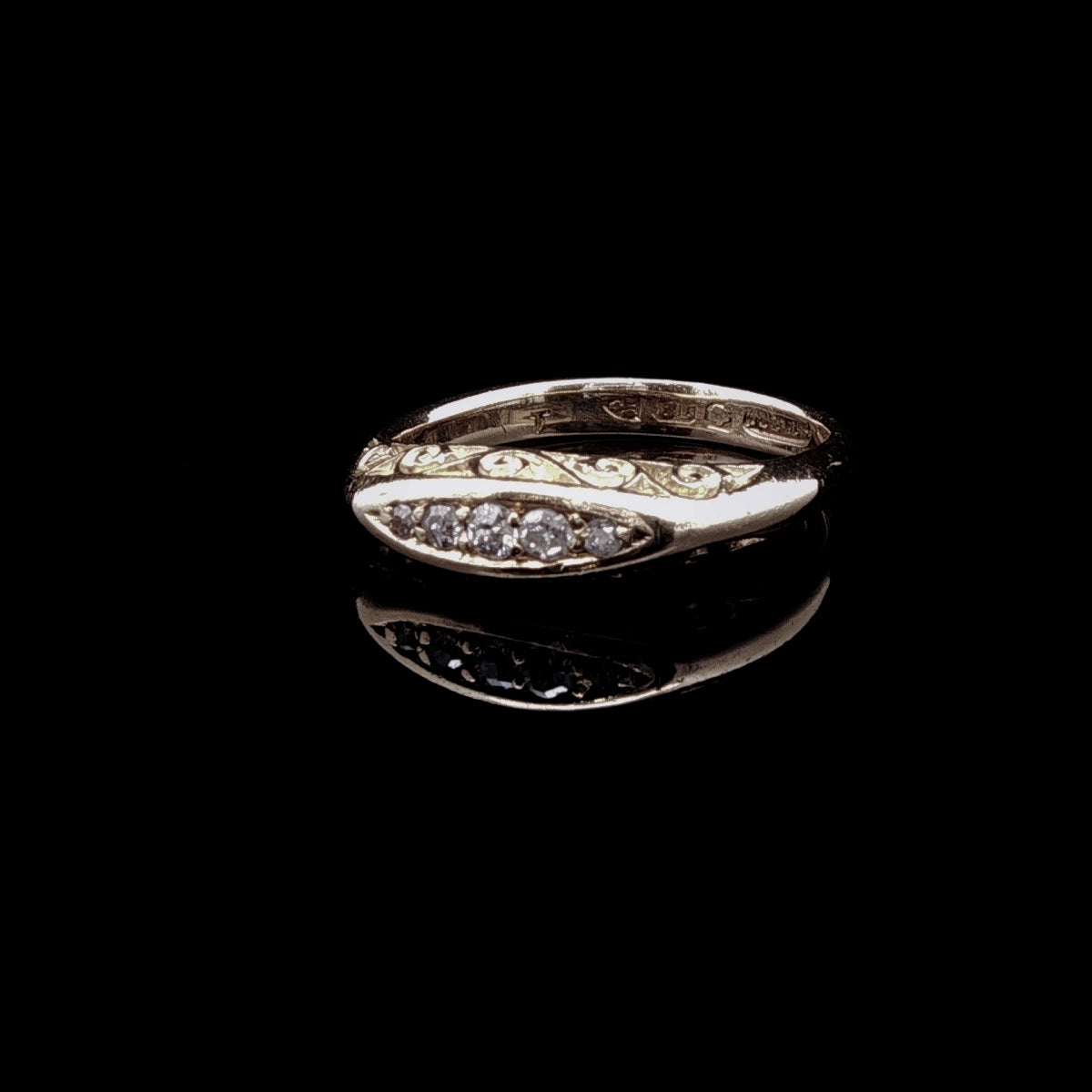 Antique 18ct Yellow Gold Five Stone Old Cut Diamond Ring with Carved Gallery