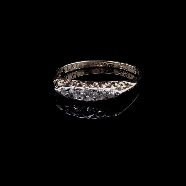 Antique 18ct Yellow Gold Five Stone Old Cut Diamond Ring set in Carved Gallery