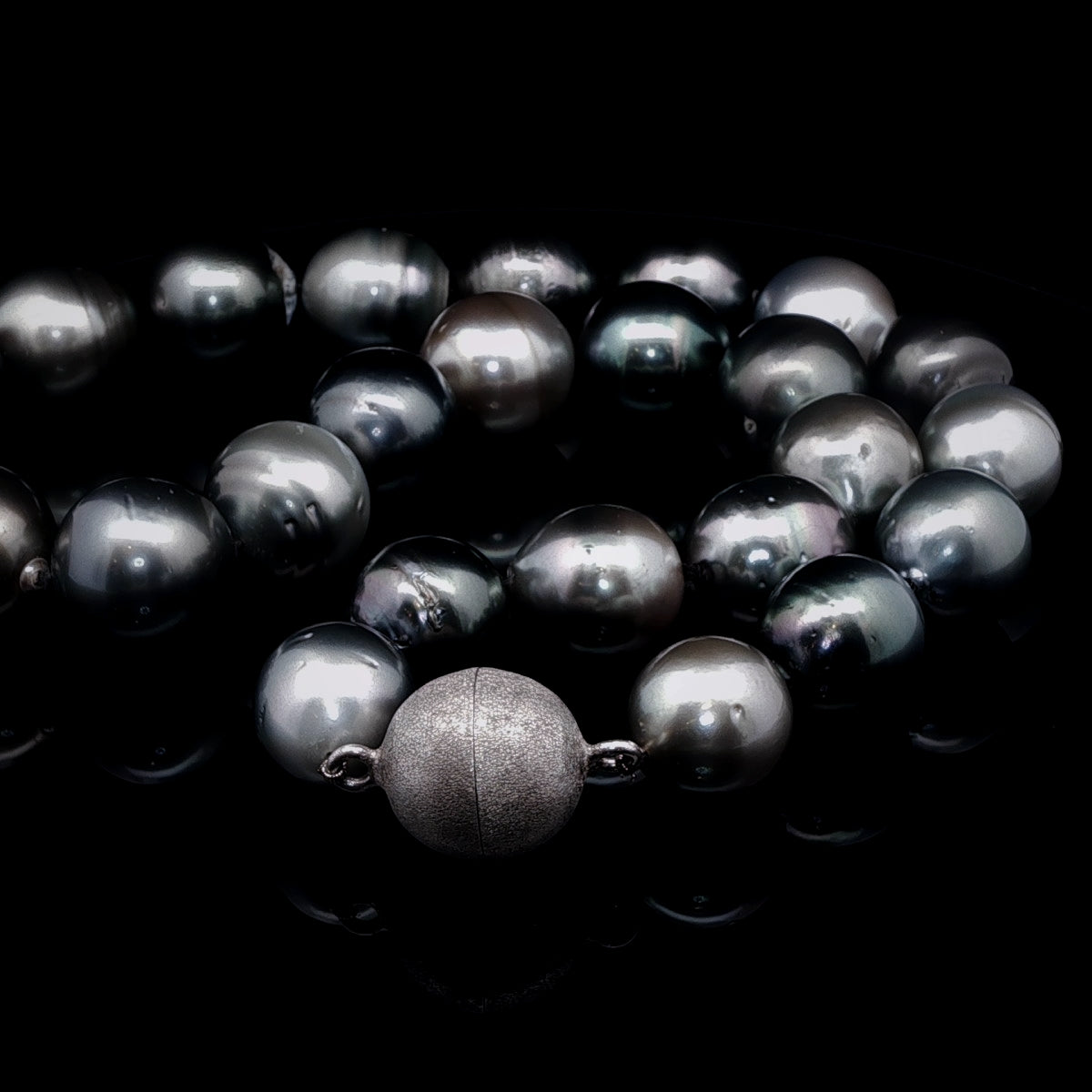 Tahitian Grey, Black and Silver Pearl Necklace with Sterling Silver Magnetic Clasp