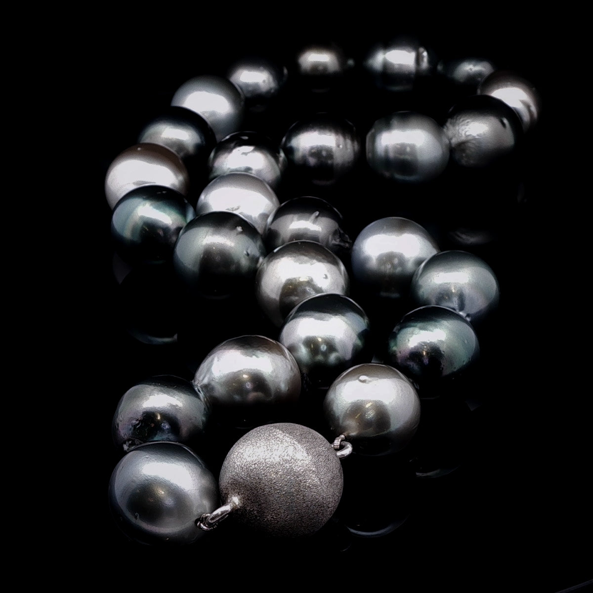 Tahitian Grey, Black and Silver Pearl Necklace with Sterling Silver Magnetic Clasp