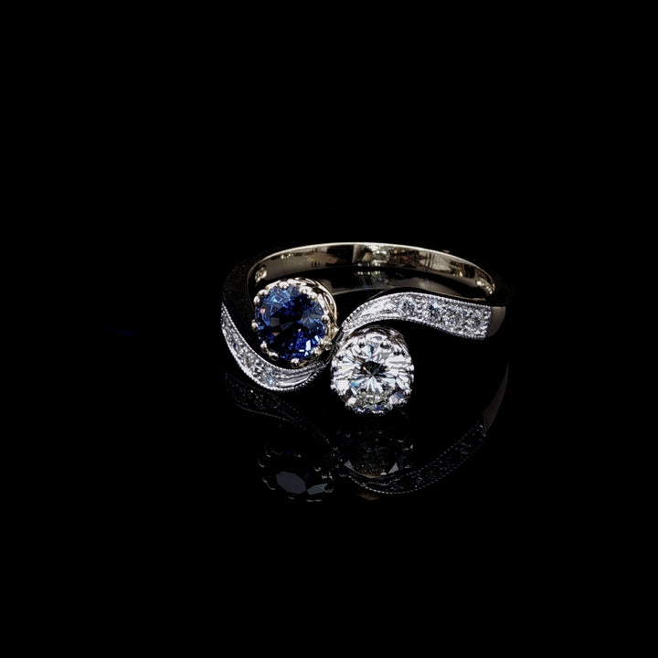 18ct Yellow Gold and Platinum 0.43ct Diamond and 0.64ct Sapphire Crossover Ring