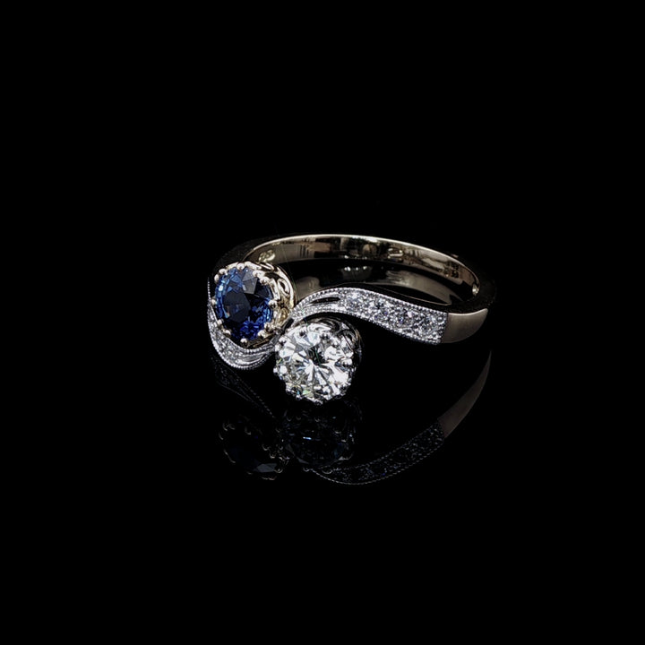 18ct Yellow Gold and Platinum 0.43ct Diamond and 0.64ct Sapphire Crossover Ring